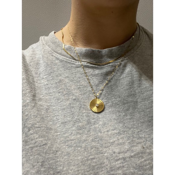 Jewelry - Gold Tone Double Layer Necklace Clear Rhinestone Circle Pendant Snake Chain